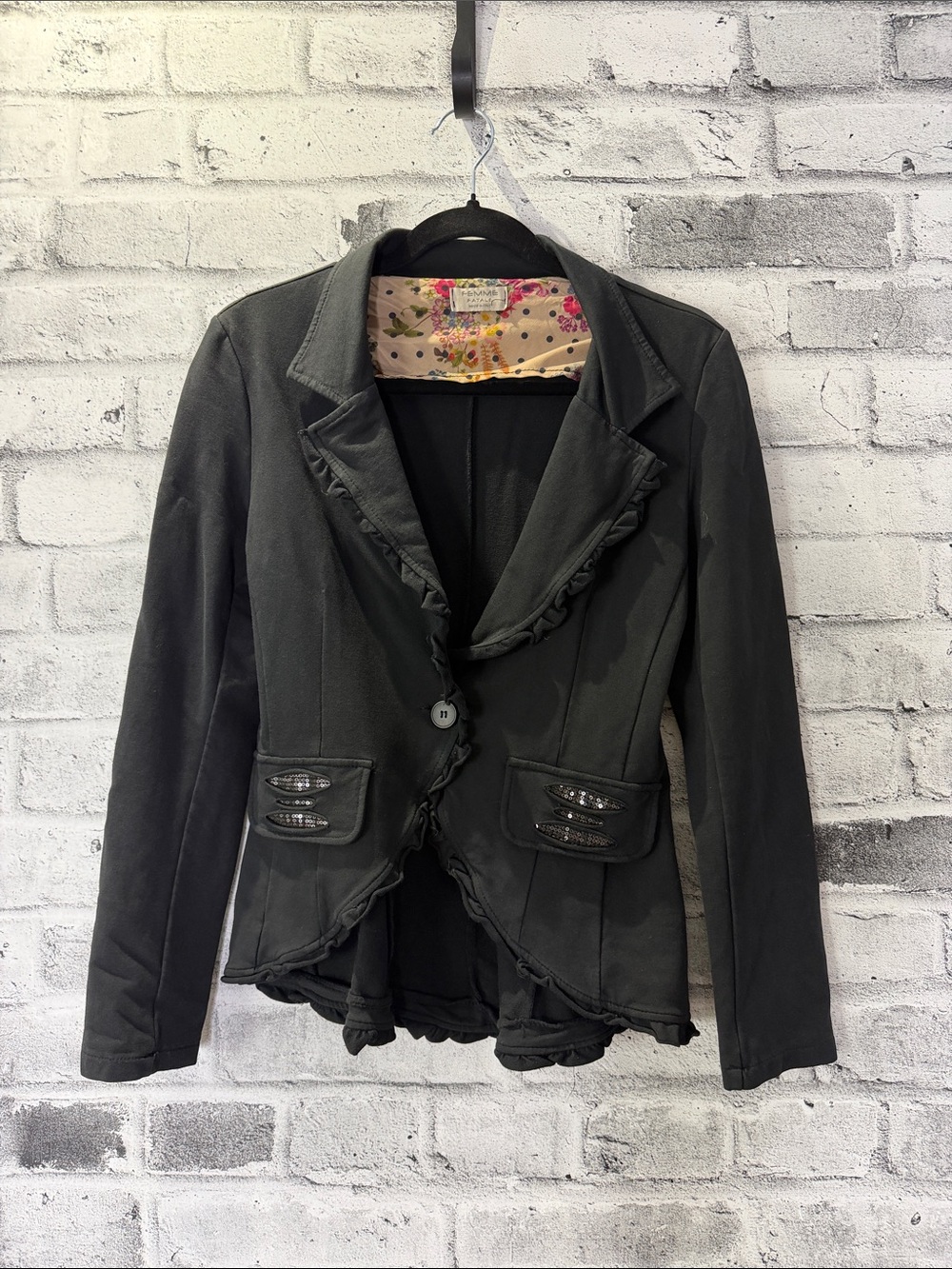 Femme Fatale Black Ruffle-Trim Jersey Knit Blazer Jacket